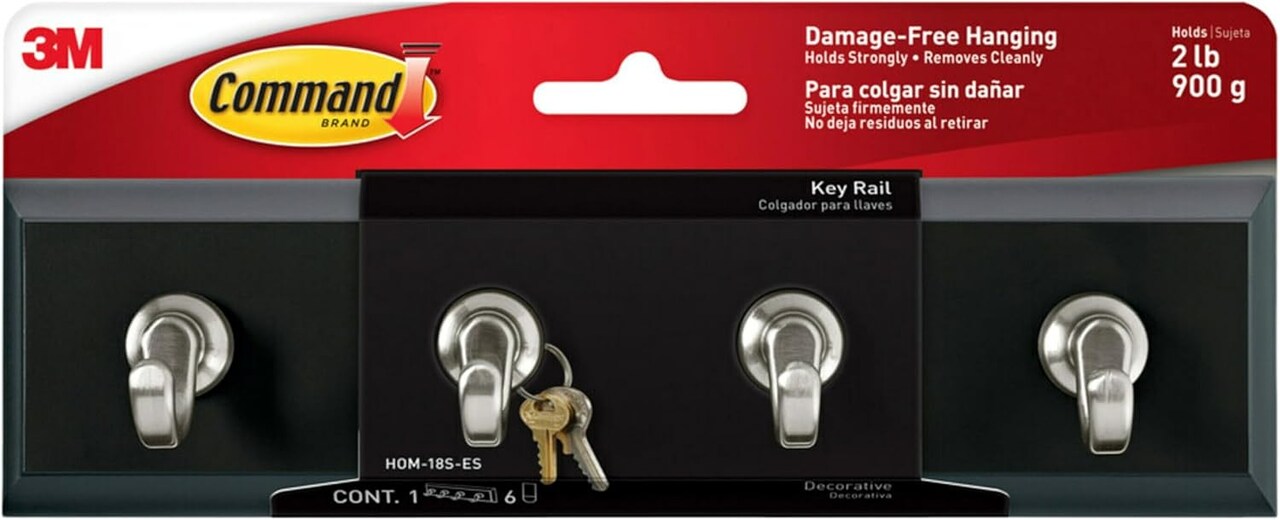 Command Key Rail, Holds up to 2 lb, 8-inch Rail with 4 Key Hooks and 6 Command Strips, Slate, Removable Key Hooks for Entryway or Hallway, Hang Keys, Hats, Dog Leashes, and Accessories